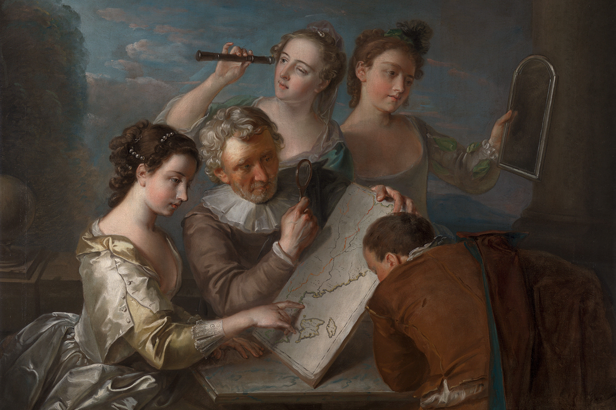 A group of women and men looking at things like a map, a mirror and a little telescope