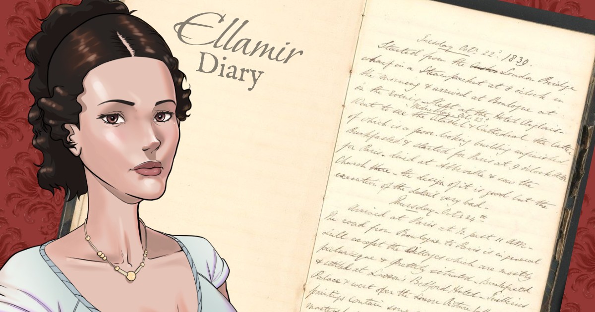 An image of a regency woman - Ellamir Oakhall - superimposed over a handwritten diary of some antiquity